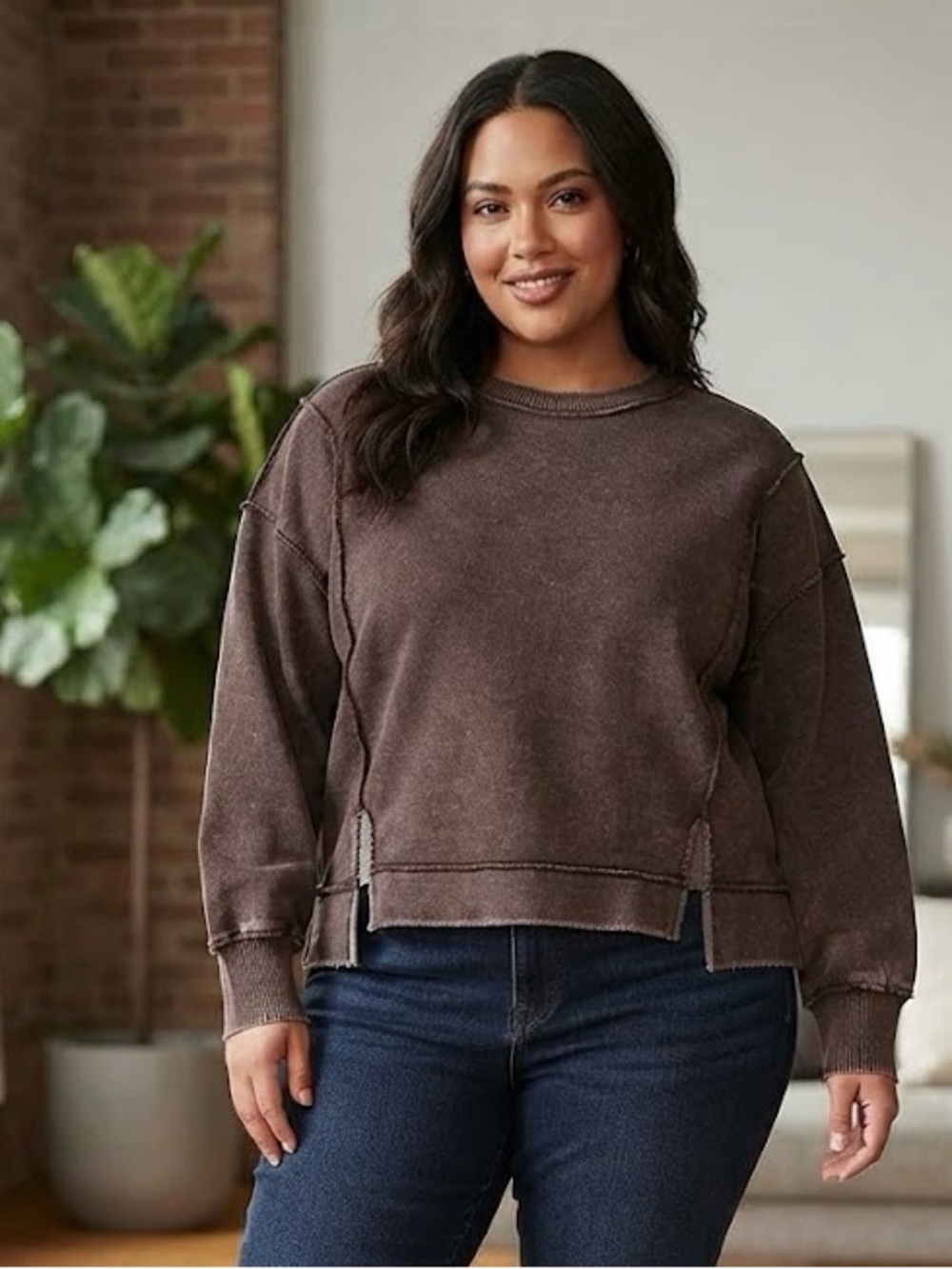Zenana Outfitters Washed Chocolate Brown Crewneck Sweater